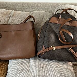 Michael Kors Brown Logo Backpack and Tan Leather Shoulder Bag Set